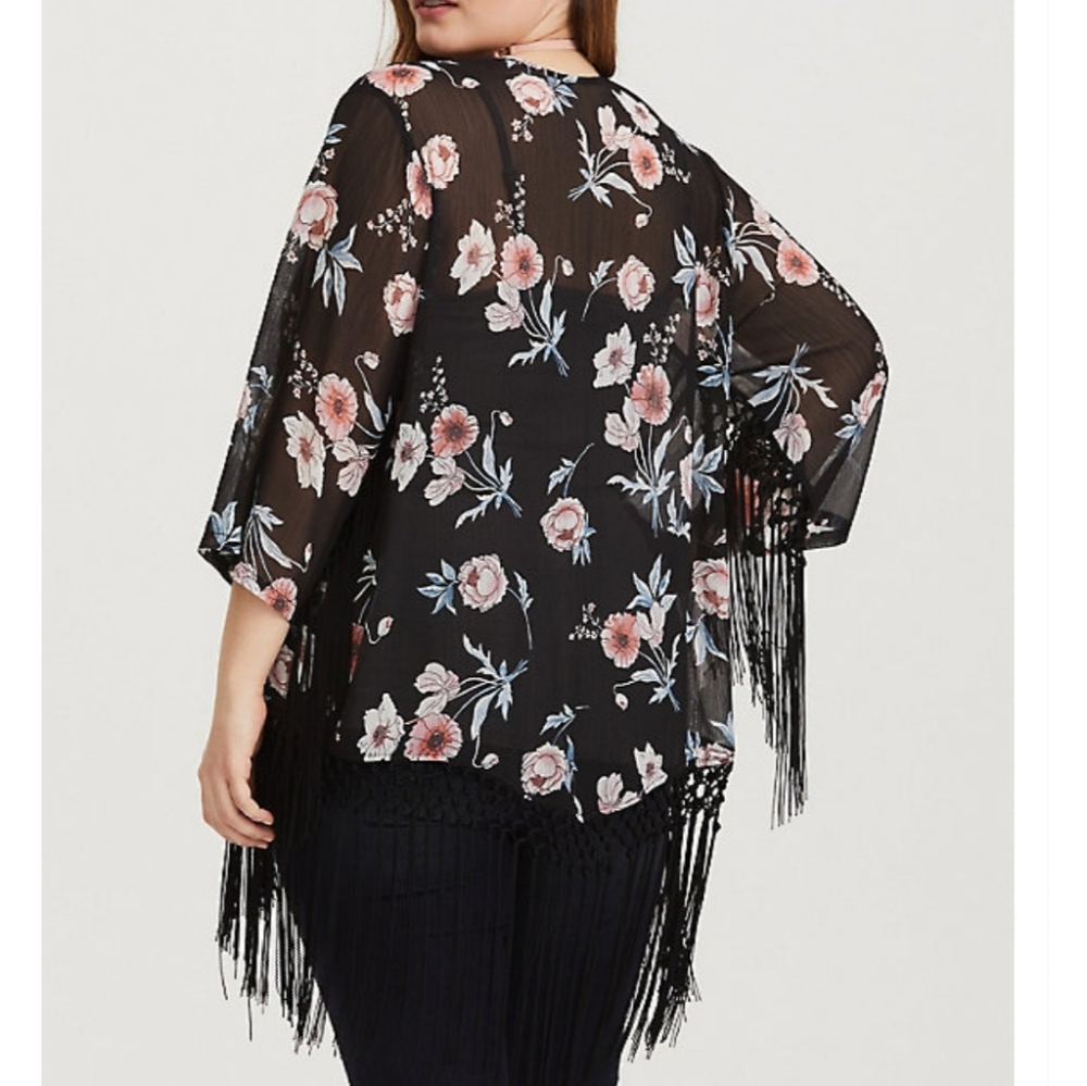 Torrid Black Floral Fringe Boho Duster Kimono - Picture 4 of 8